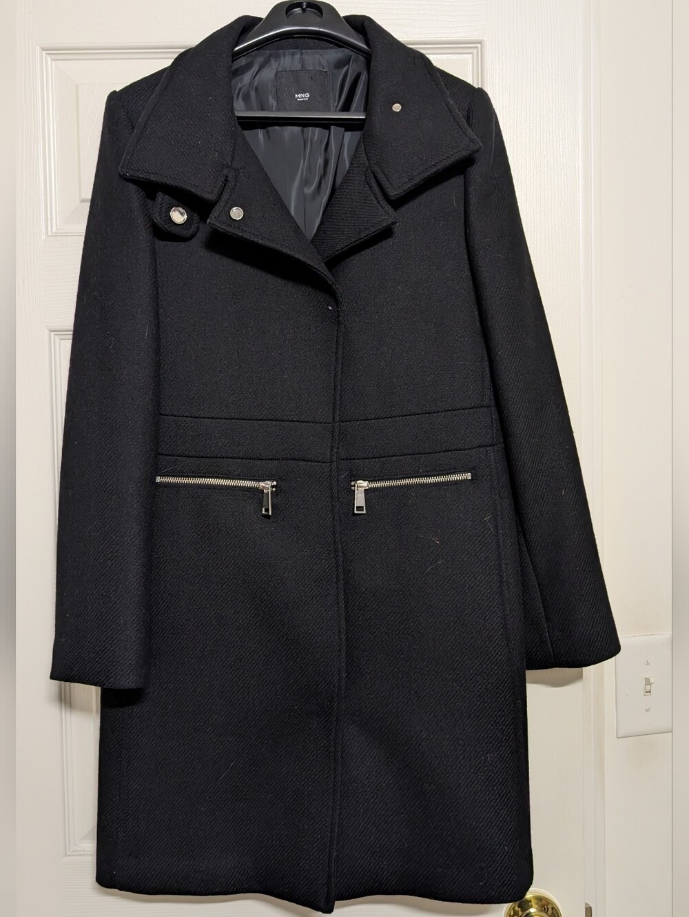 Mango Black Wool-Blend Pea Coat with Silver Zips